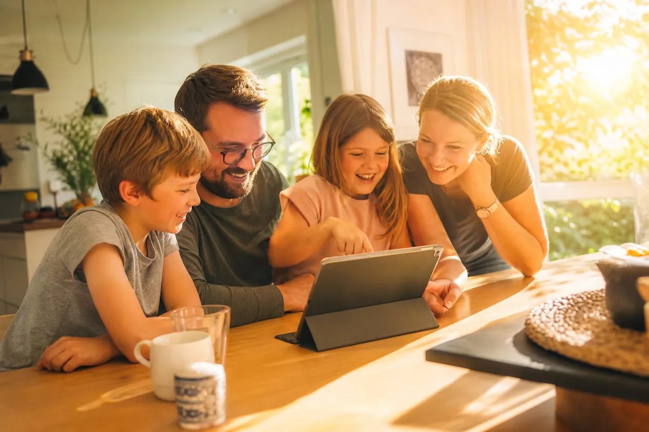 Familie sucht zusammen am Tablet ein Geschenk aus, das Kind zeigt aufgeregt auf den Bildschirm
