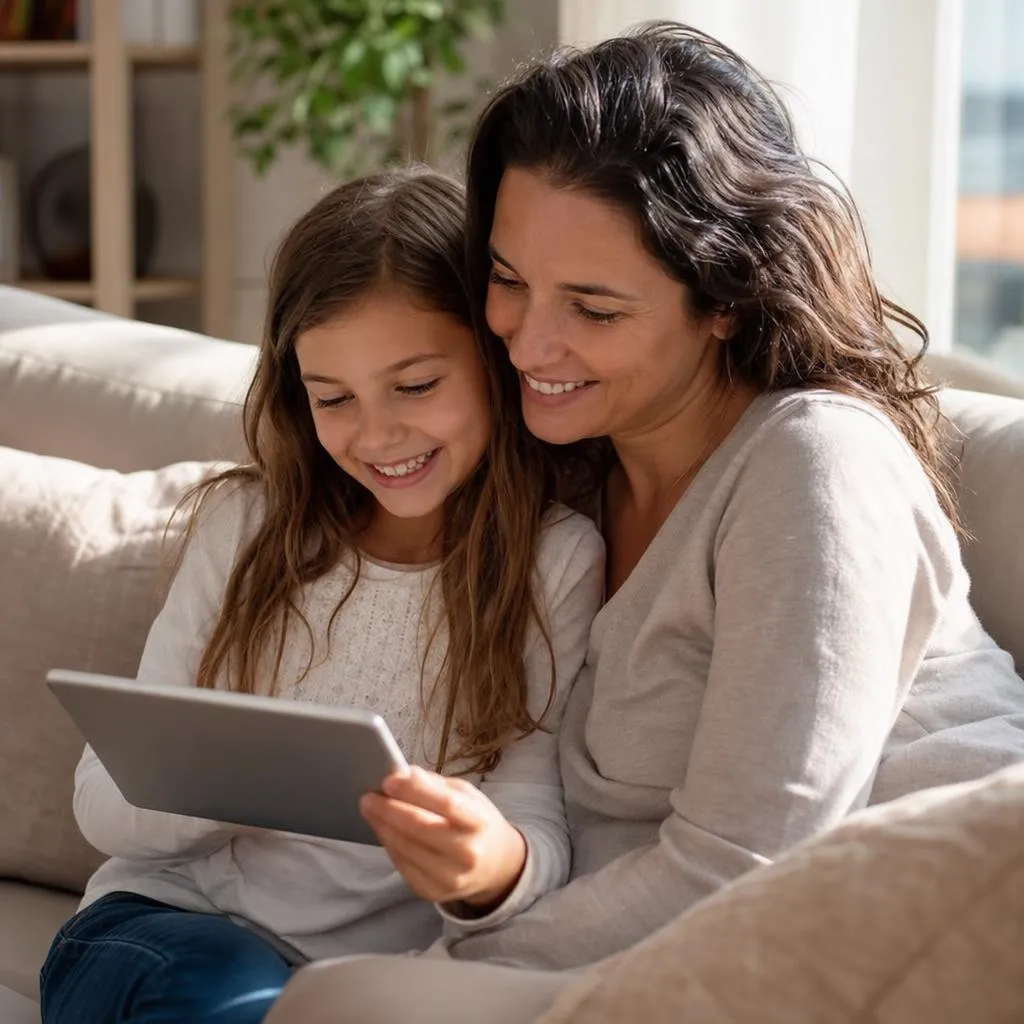 Mutter und Kind schauen gemeinsam auf ein Tablet